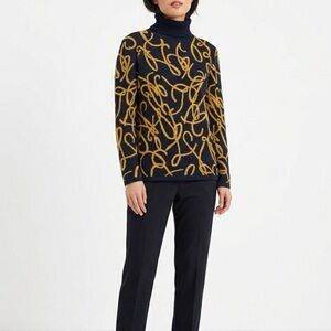 Mondi Womens Navy Blue Mustard Yellow Abstract Swirl Turtleneck Sweater Size S